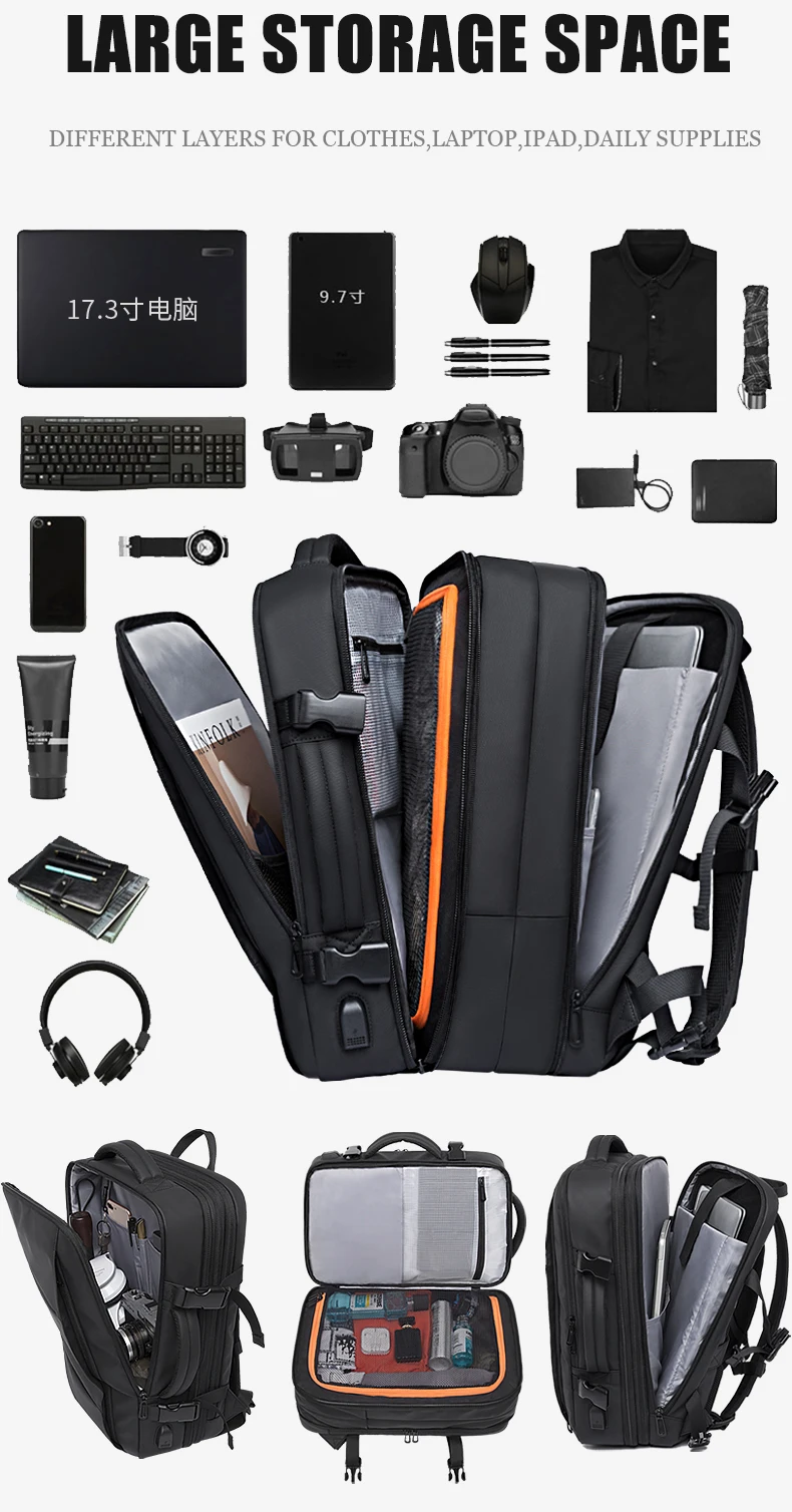 Expandable Men's Backpack Waterproof 17.3 in Laptop Backpack Man Large Capacity Hiking Travel Bag Male Backpacks for Men