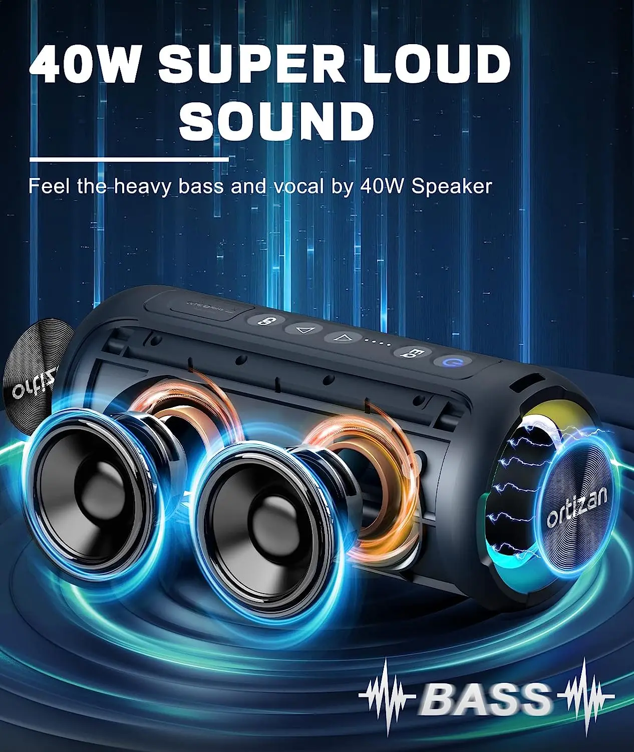 Ortizan Bluetooth Speakers 40W Enhanced Bass Portable Outdoor Wireless Speaker 30Hrs IP7 Waterproof Shower Speaker Bluetooth 5.3 Ortizan Bluetooth Speakers 40W Enhanced Bass Portable Outdoor Wireless Speaker 30Hrs IP7 Waterproof Shower Speaker Bluetooth 5.3