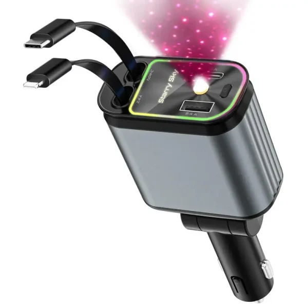 Super Fast Car Phone Charger, 100W Car Phone Charger with Retractable Cables USB and Type-C Port, 4 IN 1 Retractable Car Charger