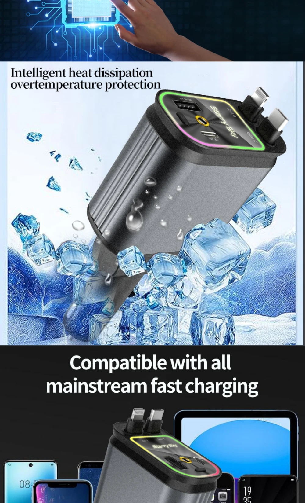Super Fast Car Phone Charger, 100W Car Phone Charger with Retractable Cables USB and Type-C Port, 4 IN 1 Retractable Car Charger