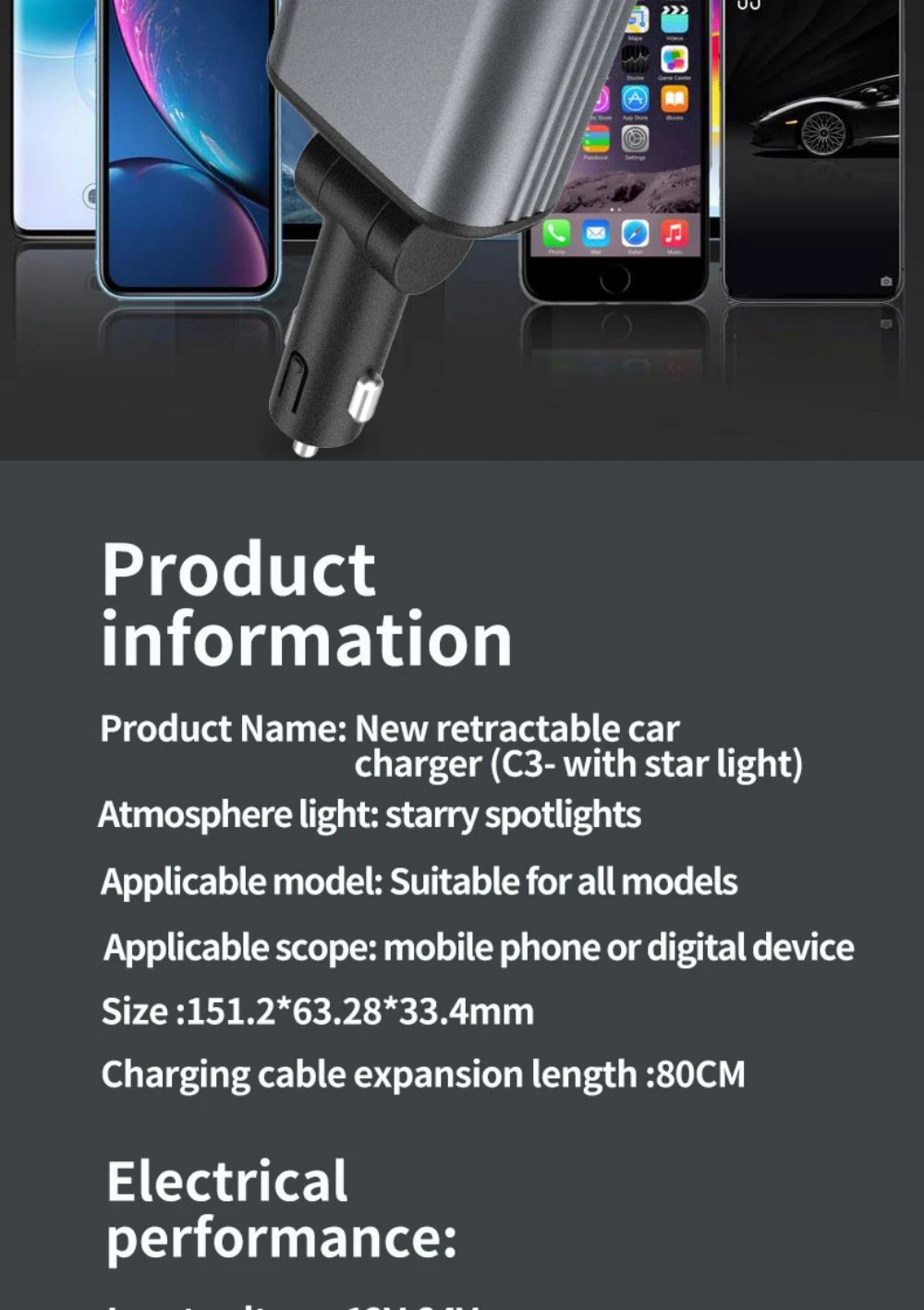 Super Fast Car Phone Charger, 100W Car Phone Charger with Retractable Cables USB and Type-C Port, 4 IN 1 Retractable Car Charger