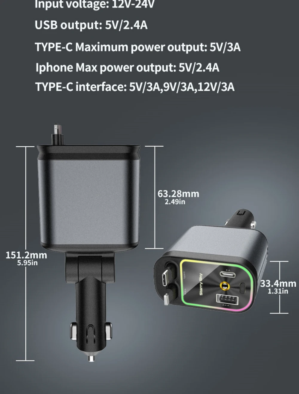 Super Fast Car Phone Charger, 100W Car Phone Charger with Retractable Cables USB and Type-C Port, 4 IN 1 Retractable Car Charger