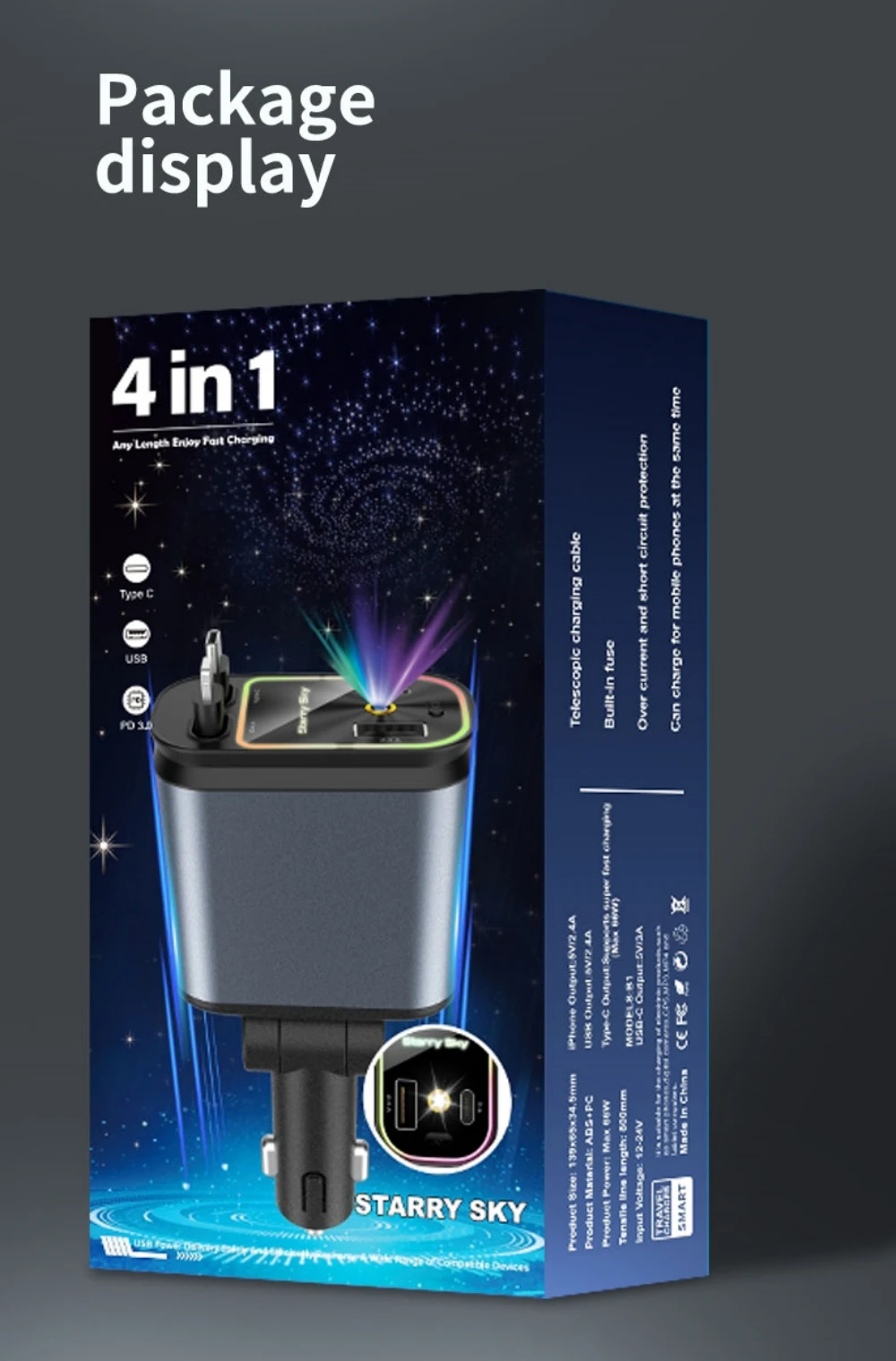 Super Fast Car Phone Charger, 100W Car Phone Charger with Retractable Cables USB and Type-C Port, 4 IN 1 Retractable Car Charger