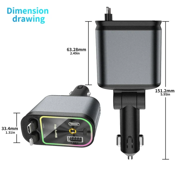 Super Fast Car Phone Charger, 100W Car Phone Charger with Retractable Cables USB and Type-C Port, 4 IN 1 Retractable Car Charger - Image 3