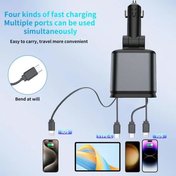 Super Fast Car Phone Charger, 100W Car Phone Charger with Retractable Cables USB and Type-C Port, 4 IN 1 Retractable Car Charger - Image 2