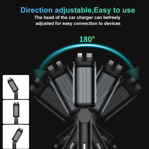 Super Fast Car Phone Charger, 100W Car Phone Charger with Retractable Cables USB and Type-C Port, 4 IN 1 Retractable Car Charger - Image 5