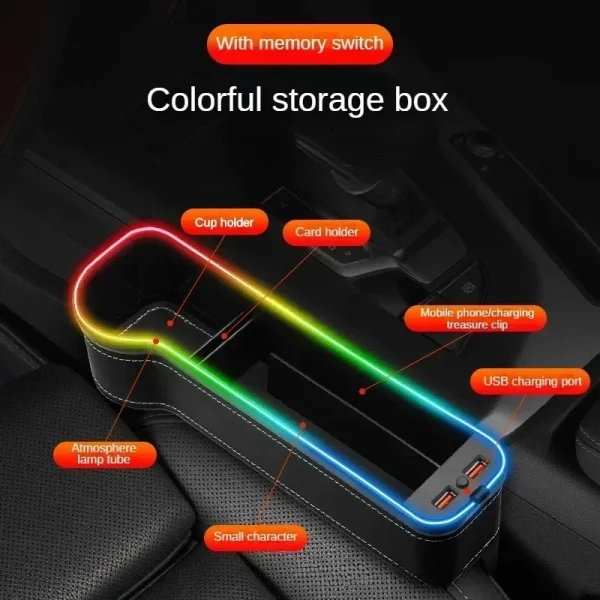New Car Crevice Storage Box with 2 USB Charger Colorful LED Seat Gap Slit Pocket Seat Organizer Card Phone Bottle Cups Holder - Image 2