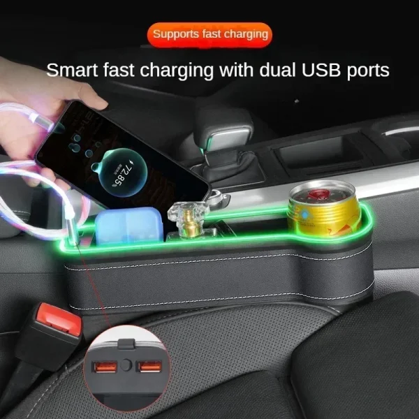 New Car Crevice Storage Box with 2 USB Charger Colorful LED Seat Gap Slit Pocket Seat Organizer Card Phone Bottle Cups Holder - Image 4