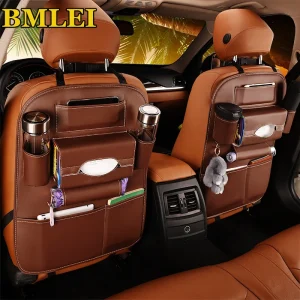 PU leather car seat back organizer with multiple pockets for travel storage and accessories