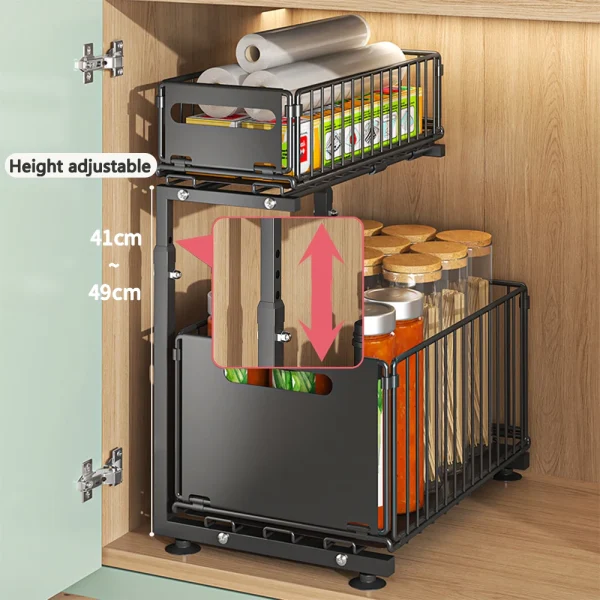 2 Tier Pull Out Cabinet Organizer Adjustable Kitchen Storage Rack Under Sink Organizer Spice Jar Storage Rack Slide Out Drawer - Image 3