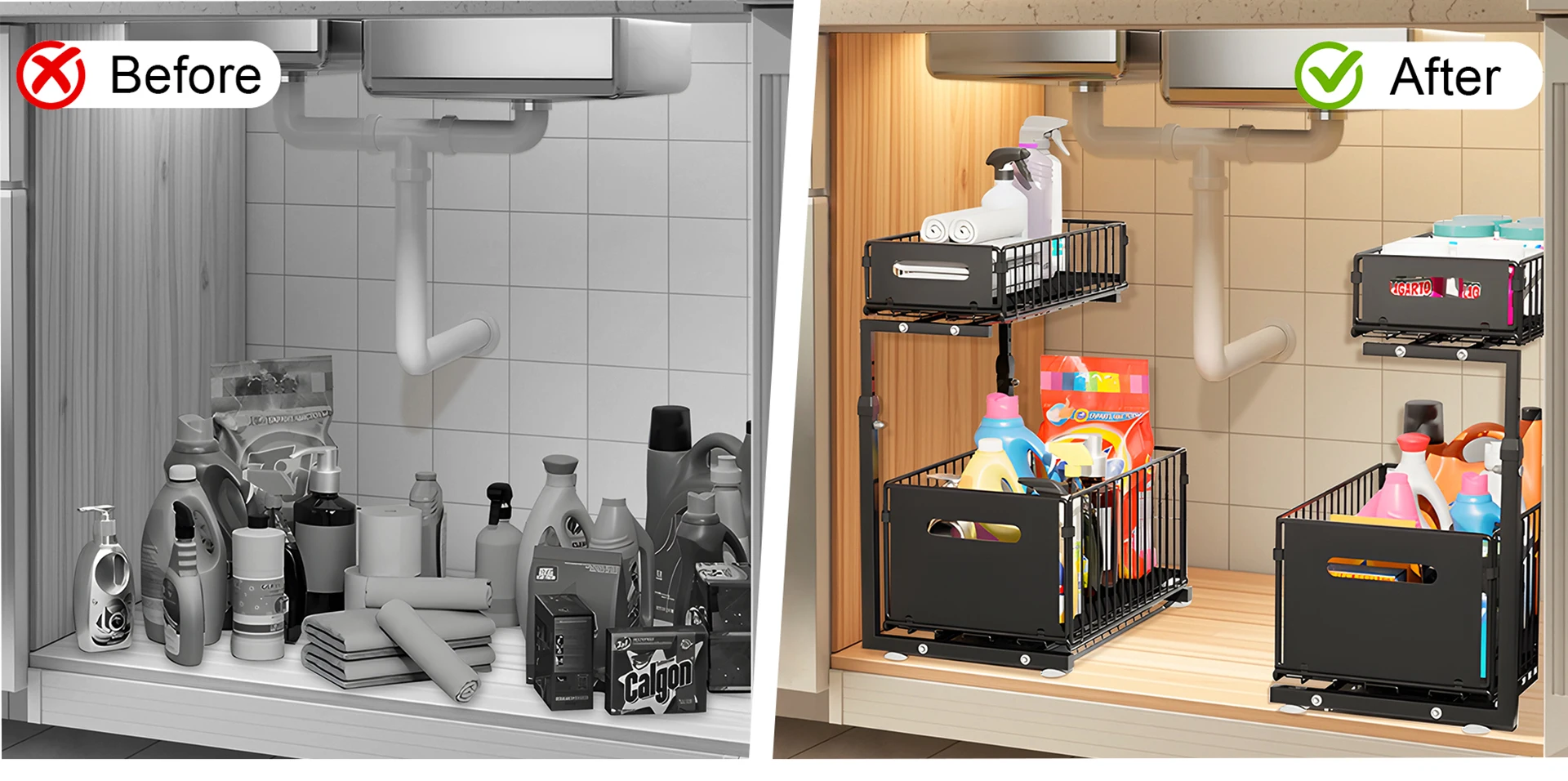 2 Tier Pull Out Cabinet Organizer Adjustable Kitchen Storage Rack Under Sink Organizer Spice Jar Storage Rack Slide Out Drawer