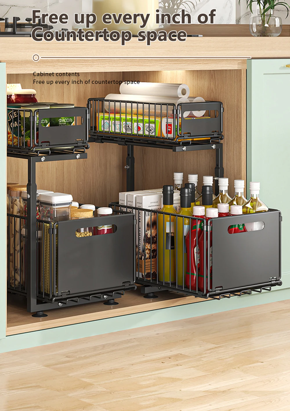 2 Tier Pull Out Cabinet Organizer Adjustable Kitchen Storage Rack Under Sink Organizer Spice Jar Storage Rack Slide Out Drawer