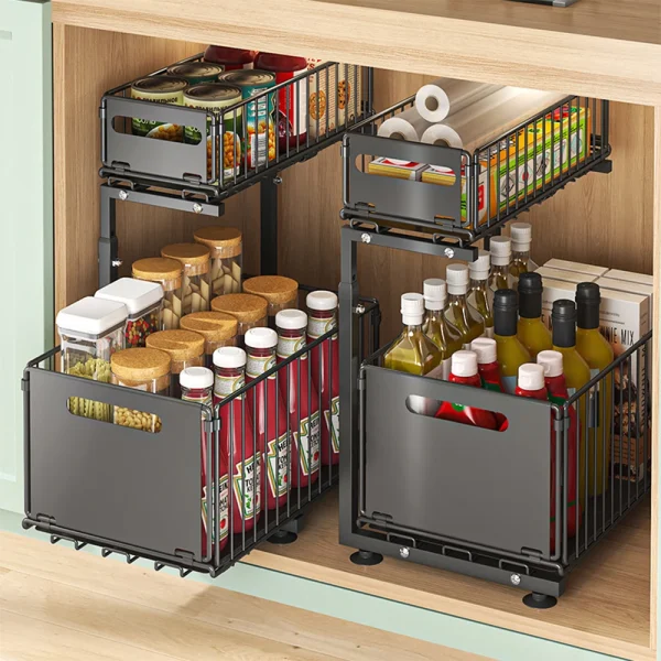 2 Tier Pull Out Cabinet Organizer Adjustable Kitchen Storage Rack Under Sink Organizer Spice Jar Storage Rack Slide Out Drawer - Image 2