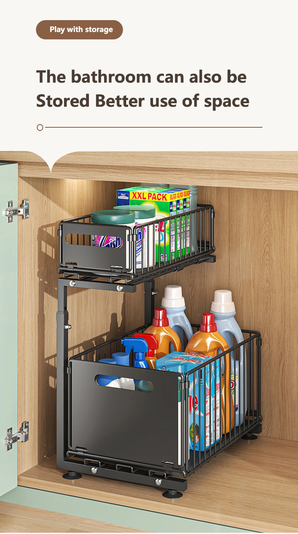 2 Tier Pull Out Cabinet Organizer Adjustable Kitchen Storage Rack Under Sink Organizer Spice Jar Storage Rack Slide Out Drawer