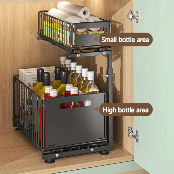 2 Tier Pull Out Cabinet Organizer Adjustable Kitchen Storage Rack Under Sink Organizer Spice Jar Storage Rack Slide Out Drawer - Image 4