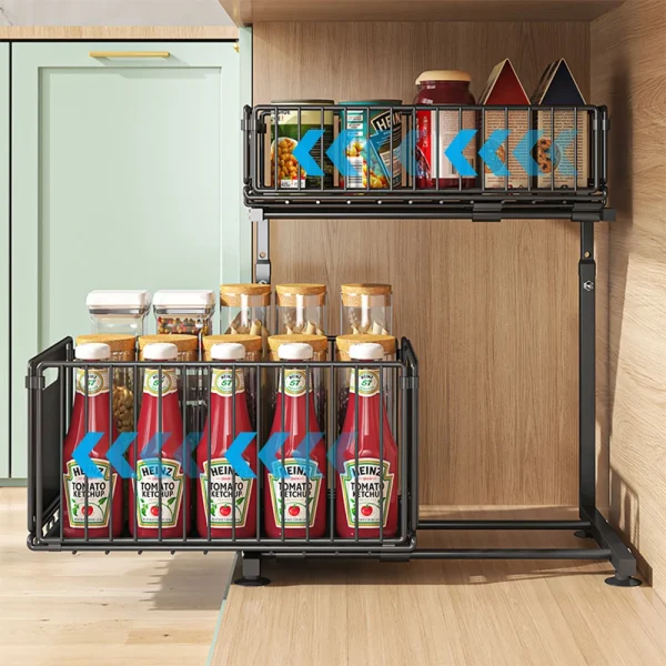 2 Tier Pull Out Cabinet Organizer Adjustable Kitchen Storage Rack Under Sink Organizer Spice Jar Storage Rack Slide Out Drawer - Image 5