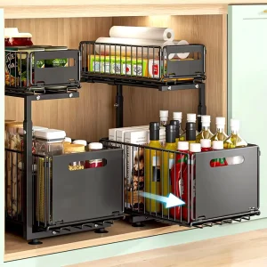 2-tier pull-out kitchen cabinet organizer with adjustable sliding drawers