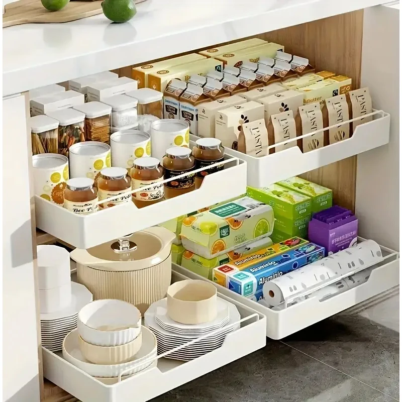 New Kitchen Storage Rack with Slide Rails Pull-out Kitchen Drawer Type Storage Tray Spice Box Storage Rack Cabinets Organizer