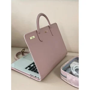 Cute pink laptop sleeve with handle for girls, designed for 14 and 16 inch laptops, featuring a soft protective interior and a stylish notebook-style look."