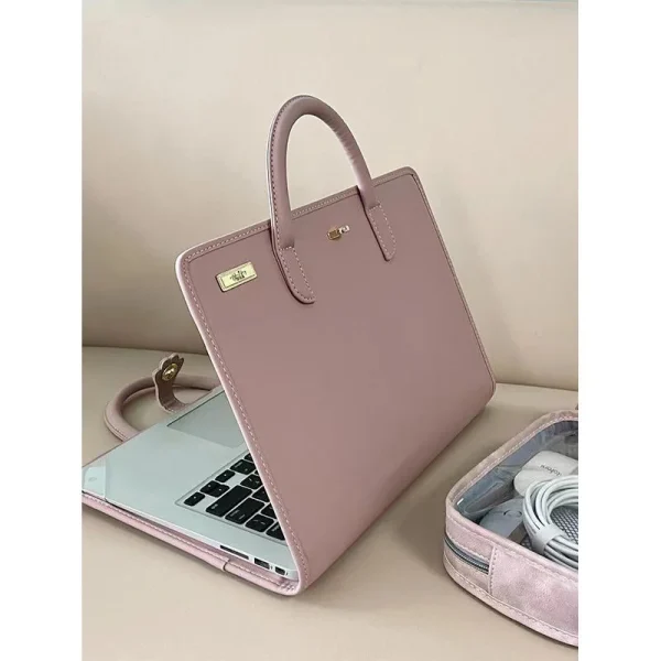 Cute pink laptop sleeve with handle for girls, designed for 14 and 16 inch laptops, featuring a soft protective interior and a stylish notebook-style look."