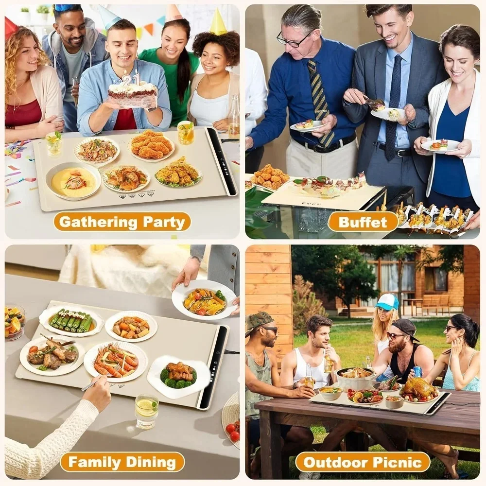 Electric Warming Tray Foldable Food Warmer Mat with 3 Tem Setting Fast Full Surface Heating Portable Electric Food Warming Tray