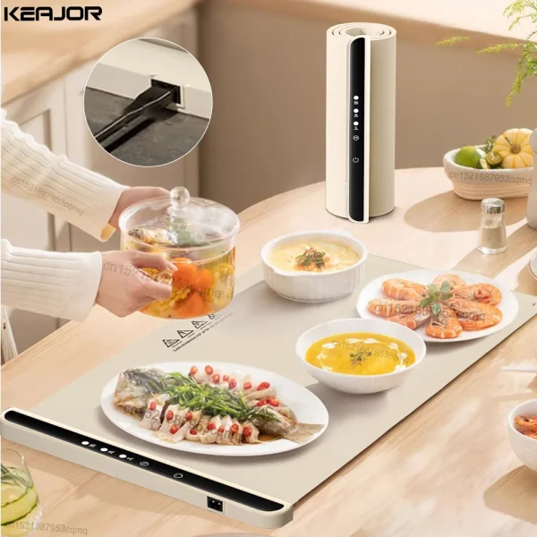 Portable electric warming tray with foldable design, smart fast-heating surface, and 3 adjustable temperature settings for warming food at home or events."
