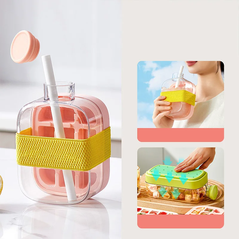 Ice Covered Tray - Freezer Overflow Free Ice Tray - Dual Purpose Curling With Straw - Freezer With Zip Ties - Contactless Tray