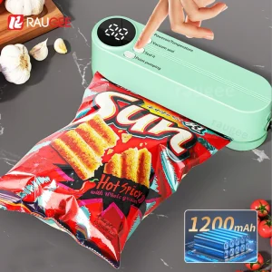 Mini portable wireless vacuum sealer for automatic food packaging and plastic bag sealing at home.
