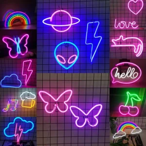 Colorful LED neon sign powered by USB or battery for bedroom, bar, game room, and festive wall decoration.