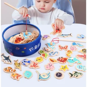 Montessori wooden fishing toy set with cartoon marine animals for toddler learning and parent-child play