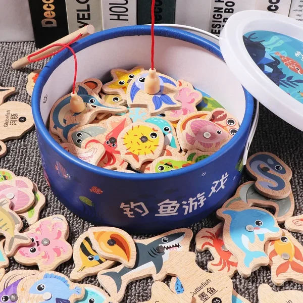 Montessori Wooden Fishing Toys For Children Cartoon Marine Life Cognition Fish Games Parent-Child Interactive Educational Toy - Image 2