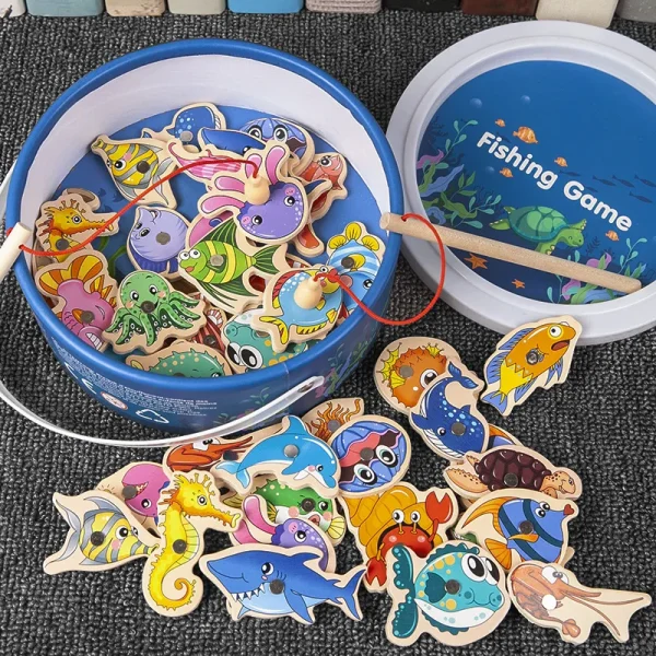 Montessori Wooden Fishing Toys For Children Magnetic Marine Life Cognition Fish Games Parent-Child Interactive Educational Toy - Image 2