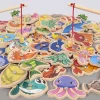 Magnetic wooden fishing toy set featuring colorful marine animals for toddler learning and interactive play.