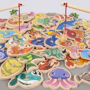 Magnetic wooden fishing toy set featuring colorful marine animals for toddler learning and interactive play.