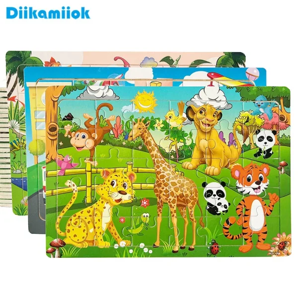 30-piece wooden jigsaw puzzle with cartoon animals and vehicles designed for children's early learning and fun.”