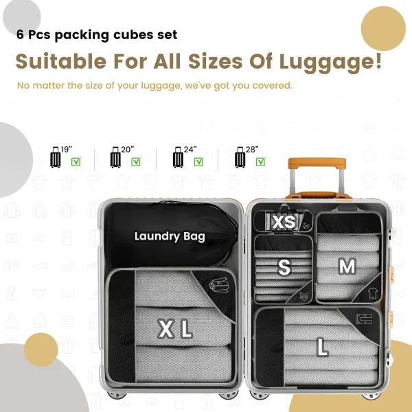 6PCS Travel Compressed, Packing Cubes Organiser Set – With Shoe Bag, Mesh Luggage Storage Bags, Lightweight Organisers - Image 4