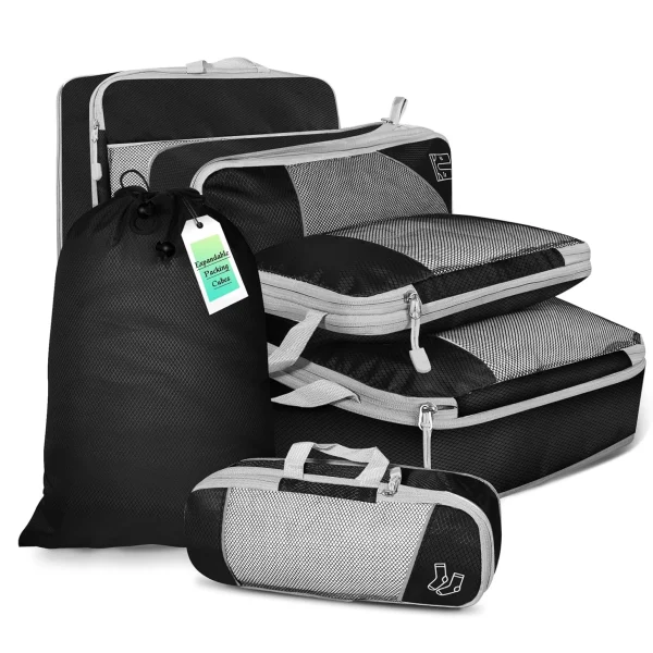 6PCS Packing Cubes Organiser Set – Lightweight Mesh Travel Storage with Shoe Bag