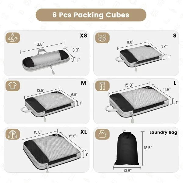 6PCS Travel Compressed, Packing Cubes Organiser Set – With Shoe Bag, Mesh Luggage Storage Bags, Lightweight Organisers - Image 3