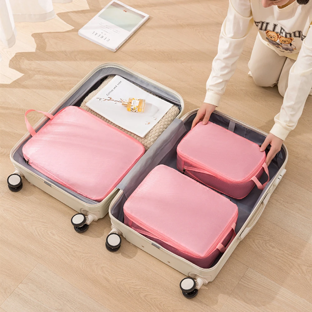 3Pcs/Set Travel Compressible Packing Multifunction Travel Storage Bag Waterproof Suitcase Nylon Portable Luggage Organizer Pink